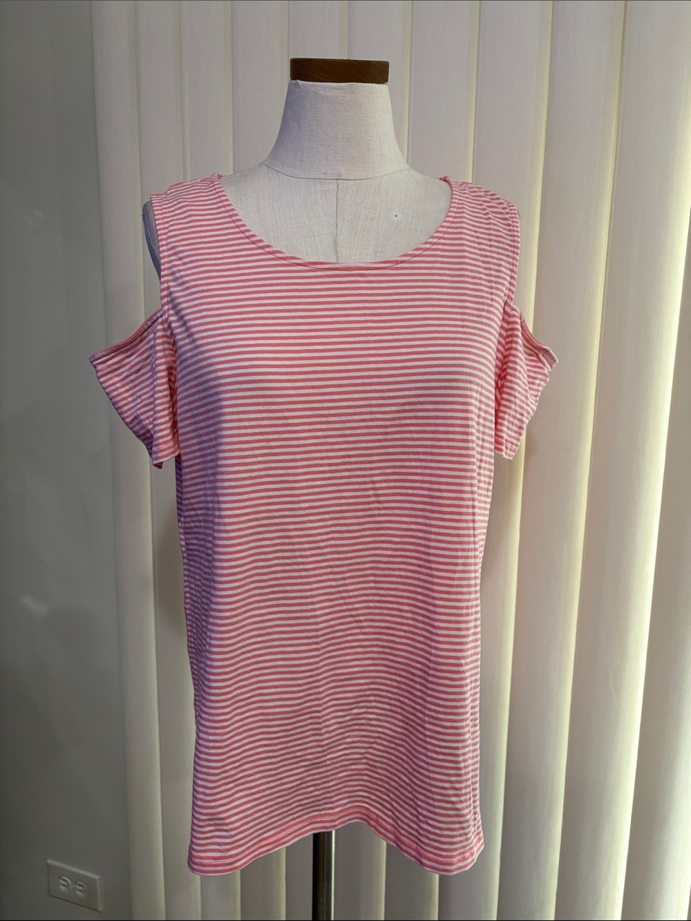 Michael Kors NWOT coral Pink / White Striped Cold-Shoulder Tee cotton stretch XL